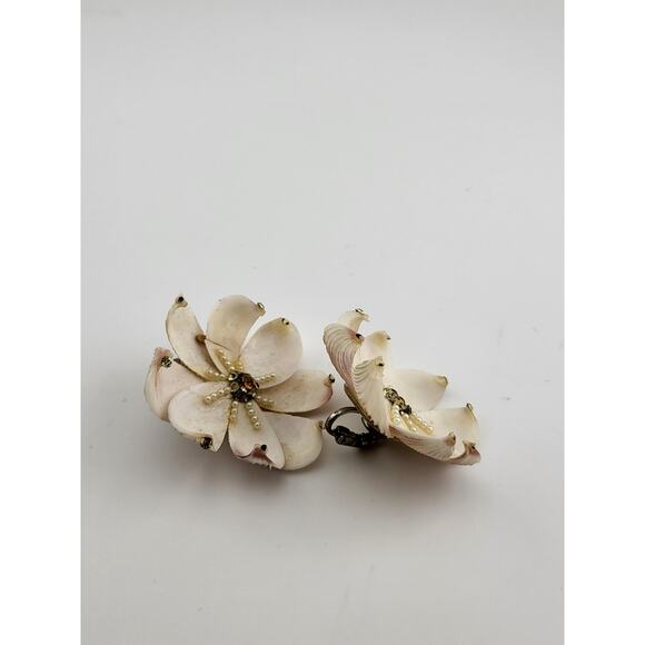 Vintage Shell Flower Clip On Earrings Rhinestone Pearl Accents - Picture 3 of 5